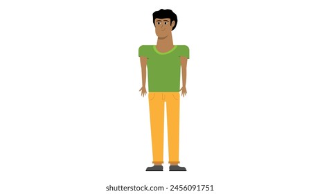 flat character of man character with green top and yellow pants on standing pose
