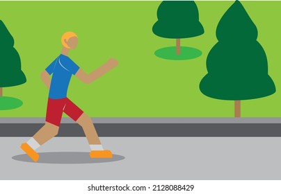hombre de carácter plano trotando en el parque