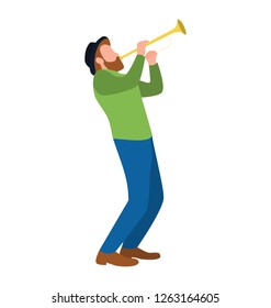 Flat character of man playing bugle.