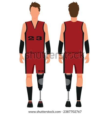 flat character of man in red sports uniform, front and back view with one leg prosthesis, vector illustration