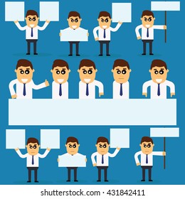 Flat character manager for use in design . Cartoon man with a sign .