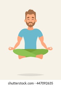 Flat Character Meditating in Lotus Position. Vector Illustration