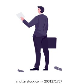 Flat character of millionare with briefcase and banknotes on floor vector illustration