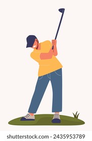 Flat Character, minimalist vector illustration, cartoon-style illustration, a man hold golf club and prepare for swing 