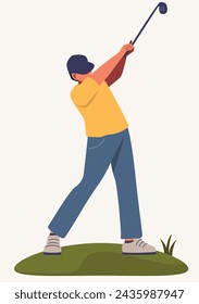 Flat Character, minimalist vector illustration, cartoon-style illustration, golfer in yellow shirt raise the golf club ready to sritke 