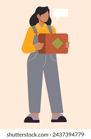 Flat Character, minimalist vector illustration, cartoon style illustration, woman wearing overalls carries a parcel box