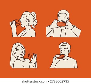 Flat Character People Eating Burger Illustration Bundle Modern Food Activity Vector Collection