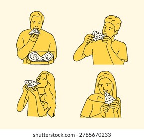 Flat Character People Eating Pizza Illustration Bundle Modern Food Activity Vector Collection