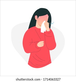 Flat character people woman cough showing COVID-19 Coronavirus symptoms. Suitable for all needs, such as website design, brochures, banners, and mobile apps