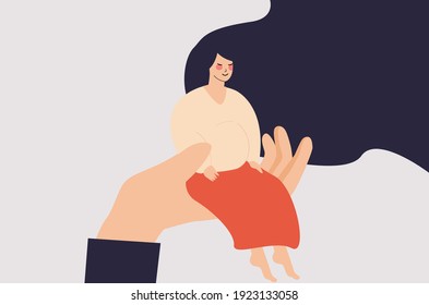 Flat character pregnant sits on a doctor's hand during a check-up. care in hospital, maternity for a woman needs help and support. Gynecologist, psychological concept. Vector illustration.