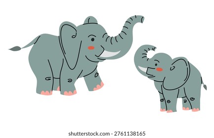Flat character set with cute grey elephant and baby calf. Wild animal family for children stickers, nursery decor, kids education or zoo banners. Isolated vector graphics