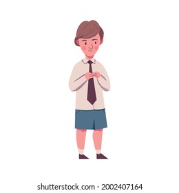 Flat character of shy school boy wearing tie and shorts vector illustration