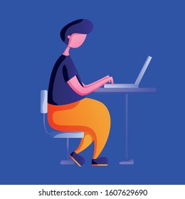 Flat character is sitting at the table with laptop