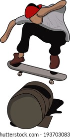 flat character skateboarder jumping a barrel