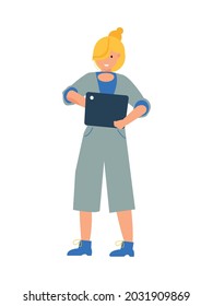 Flat character of smiling woman using electronic tablet vector illustration