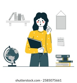 A flat character, a student girl with a magazine in her hands, who found the answer. Globe, books, notes