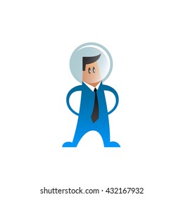 Flat character in a suit and tie with space helmet on his head. Businessman in a proud pose with hands on hips.