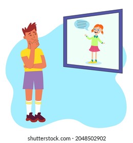 Flat character thinking boy for concept design. Guy looks at poster. Girl talks. Flat vector illustration. Isolated vector illustrations. Illustration of a teenage student thinking about himself