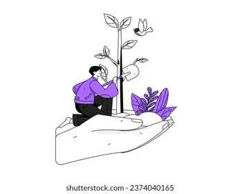 Flat character vector concept operation hand drawn illustration of planting trees on Arbor Day in spring
