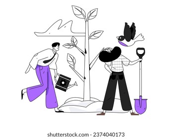 Flat character vector concept operation hand drawn illustration of planting trees on Arbor Day in spring
