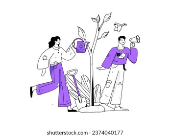 Flat character vector concept operation hand drawn illustration of planting trees on Arbor Day in spring
