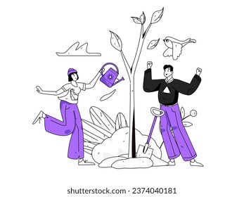 Flat character vector concept operation hand drawn illustration of planting trees on Arbor Day in spring
