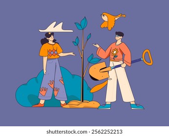 Flat character vector concept operation hand drawn illustration of planting trees on Arbor Day in spring
