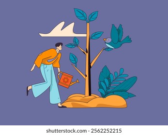 Flat character vector concept operation hand drawn illustration of planting trees on Arbor Day in spring
