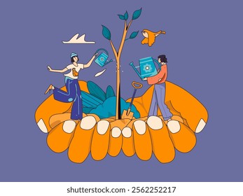 Flat character vector concept operation hand drawn illustration of planting trees on Arbor Day in spring
