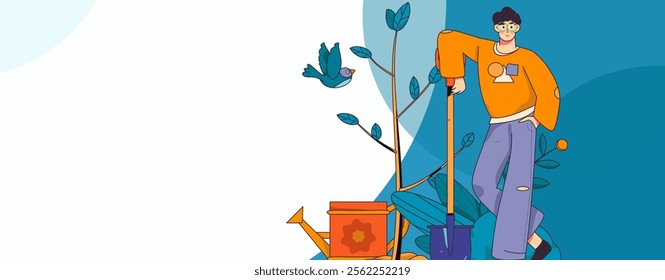 Flat character vector concept operation hand drawn illustration of planting trees on Arbor Day in spring
