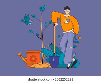 Flat character vector concept operation hand drawn illustration of planting trees on Arbor Day in spring
