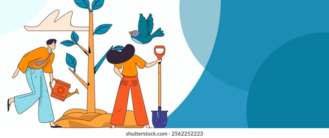 Flat character vector concept operation hand drawn illustration of planting trees on Arbor Day in spring
