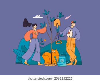 Flat character vector concept operation hand drawn illustration of planting trees on Arbor Day in spring
