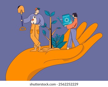 Flat character vector concept operation hand drawn illustration of planting trees on Arbor Day in spring
