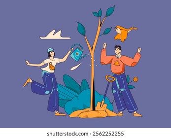 Flat character vector concept operation hand drawn illustration of planting trees on Arbor Day in spring
