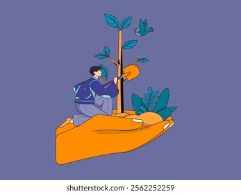 Flat character vector concept operation hand drawn illustration of planting trees on Arbor Day in spring
