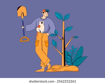 Flat character vector concept operation hand drawn illustration of planting trees on Arbor Day in spring
