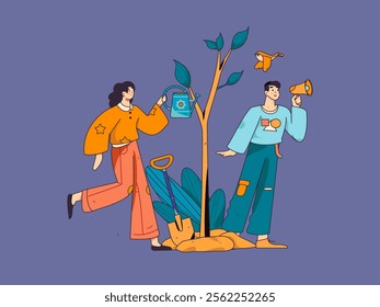 Flat character vector concept operation hand drawn illustration of planting trees on Arbor Day in spring
