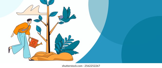 Flat character vector concept operation hand drawn illustration of planting trees on Arbor Day in spring
