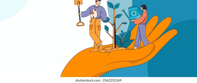 Flat character vector concept operation hand drawn illustration of planting trees on Arbor Day in spring
