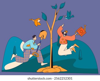 Flat character vector concept operation hand drawn illustration of planting trees on Arbor Day in spring
