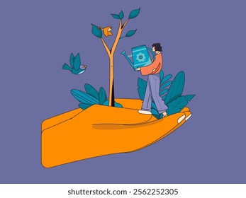 Flat character vector concept operation hand drawn illustration of planting trees on Arbor Day in spring
