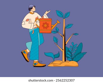 Flat character vector concept operation hand drawn illustration of planting trees on Arbor Day in spring
