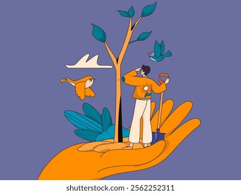 Flat character vector concept operation hand drawn illustration of planting trees on Arbor Day in spring
