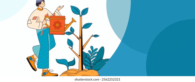 Flat character vector concept operation hand drawn illustration of planting trees on Arbor Day in spring
