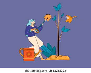 Flat character vector concept operation hand drawn illustration of planting trees on Arbor Day in spring
