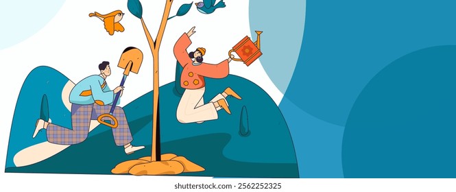 Flat character vector concept operation hand drawn illustration of planting trees on Arbor Day in spring
