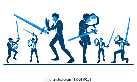 flat character vector entrepreneurs such as soldiers using swords and shields. Complementary business character properties presentations.