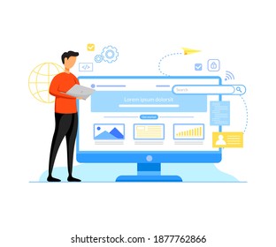 flat character vector illustration. website development concept. someone is carrying a laptop, finishing his job building a website

