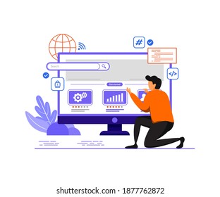 flat character vector illustration. website development concept. someone is setting up and optimizing a website



